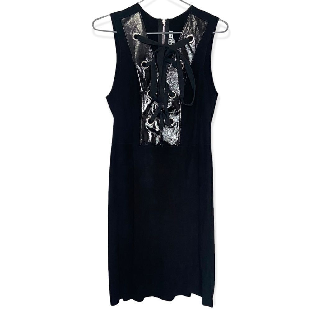 Khalo NWT Black V-Neck 100% Genuine Leather Mini Dress Size Small